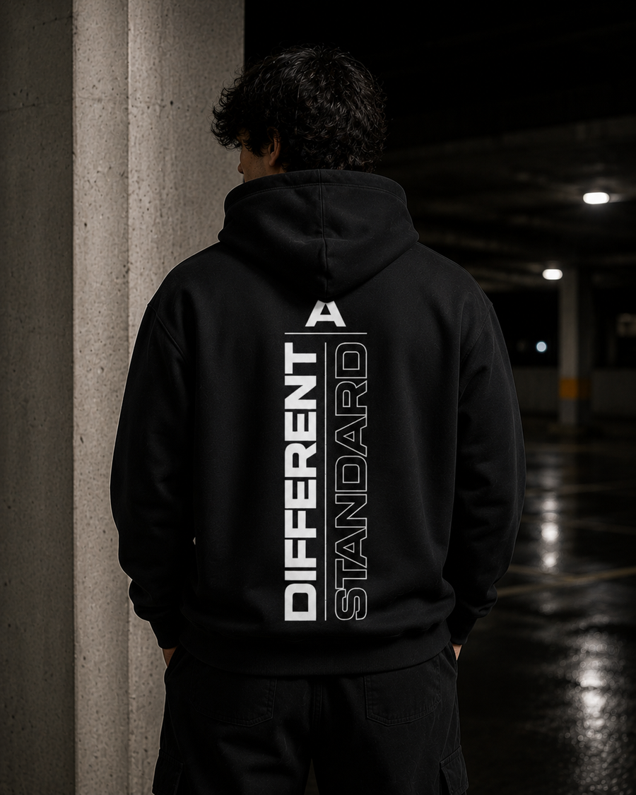 Different Standard Hoodie — Minimal Chest Logo & Vertical Back Text